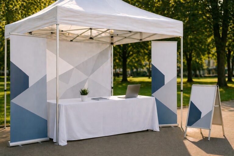 Startup-Messestand mit professionellem Faltpavillon als Markenauftritt