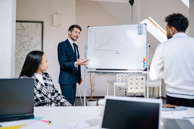 Pitch Deck erstellen: Aufbau, Inhalte und Tipps Pitch Deck erstellen – Gründer präsentiert eine Wachstumskurve vor dem Team