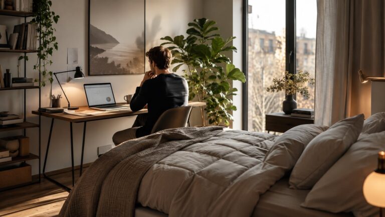 Bootstrapping beginnt zu Hause: Warum kluge Ressourcenplanung nicht am Bürotisch endet Bootstrapping zu Hause: Gründer arbeitet am Laptop im Schlaf- und Arbeitszimmer einer Stadtwohnung